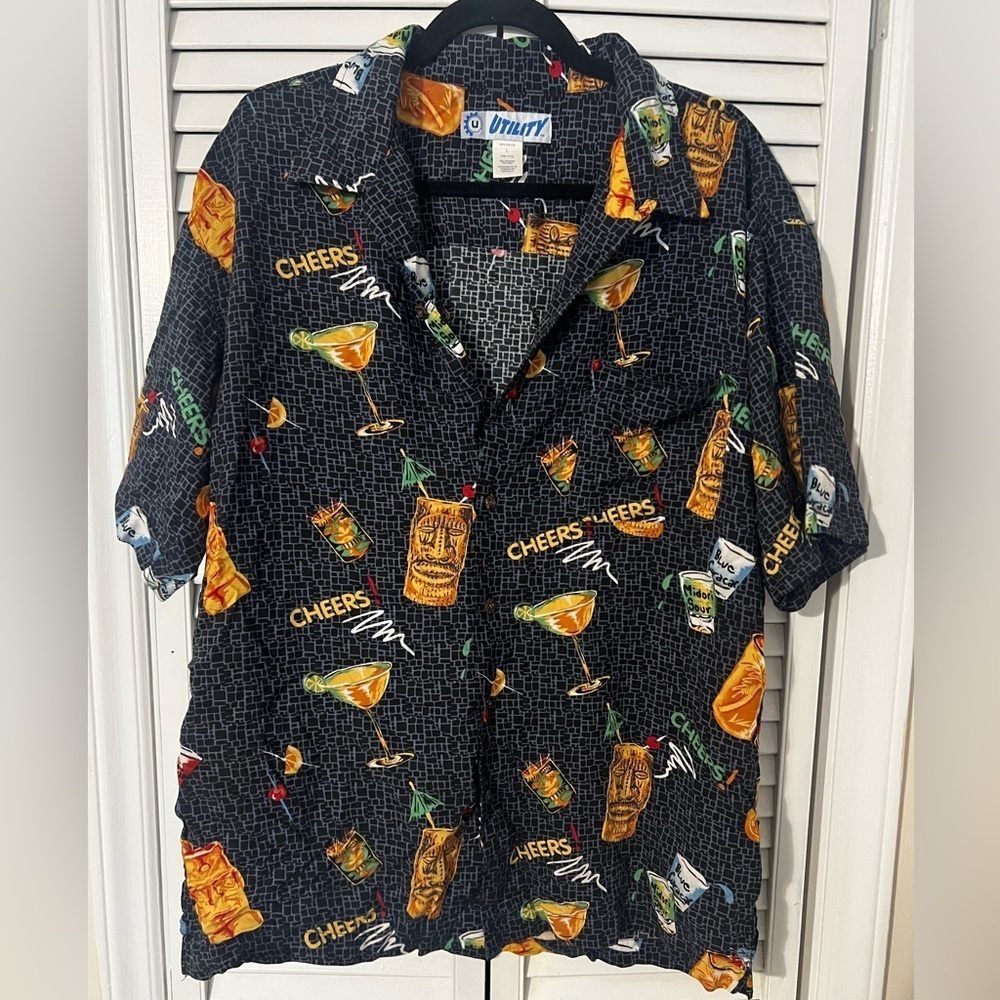 Vintage Y2K 90s Utility Cheers Tiki Allover Print Button Down Shirt